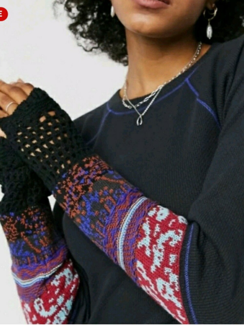 Free People In The Mix Cuff Crochet Thermal Waffle Knit Top Small Navy Blue Boho
